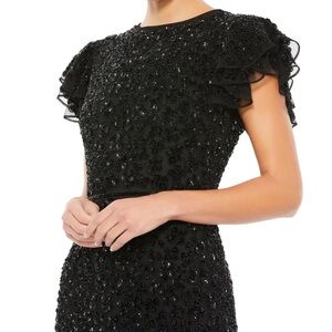 Mac Duggal Black Beaded Maxi Dress with Ruffle Sleeves